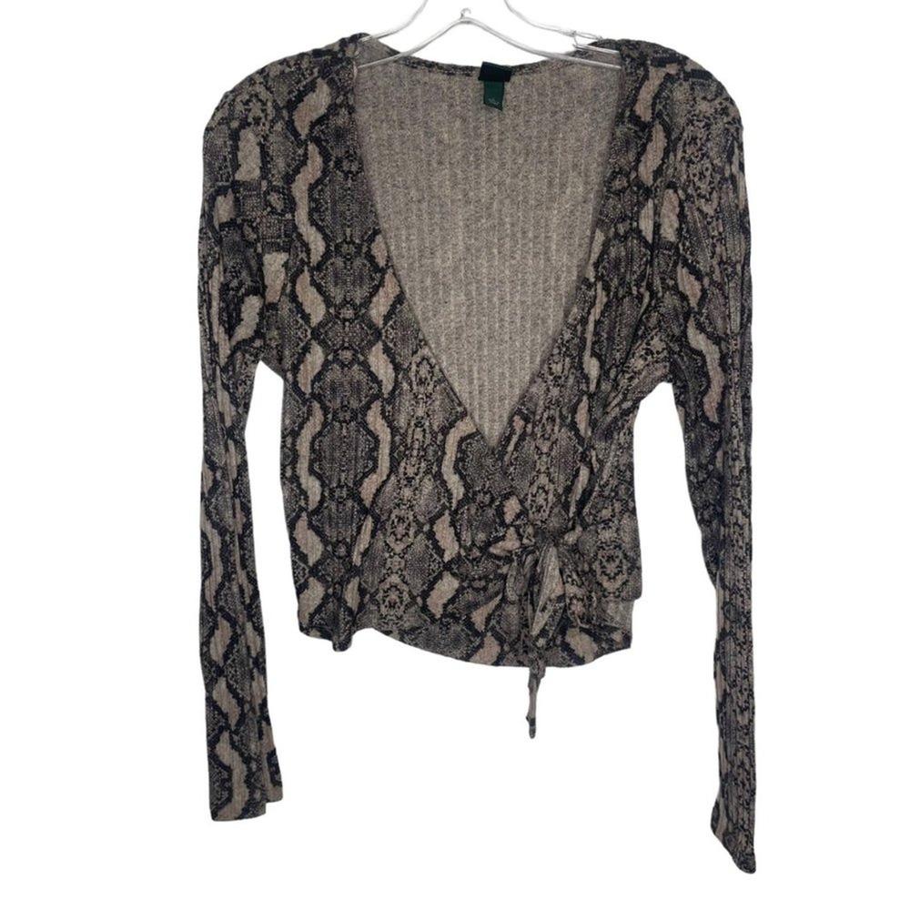 Wild Fable Snakeskin Print Ribbed Wrap Top Long Sleeve V-Neck Tan Black Large